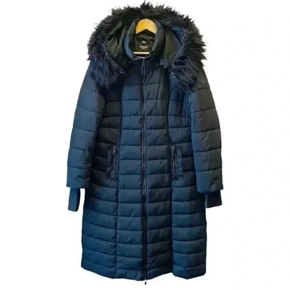 Bebe Long Quilted Winter Puffer Coat Faux Fur Trim Hood Black Size Large - Picture 1 of 16